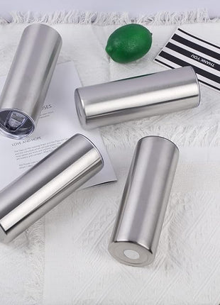 4 Pack 20 Oz Straight Skinny Tumblers,Individually Gift Boxed Stainless Steel Slim Skinny Tumbler Set Bulk, 20 Oz Insulated Slim Thin Travel Tumbler Cup for Diy, Silver