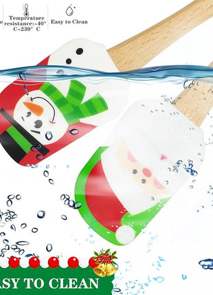 Silicone Spatula, Caliamary 3 Pieces Kitchen Silicone Spatula Set, Christmas Cake Decorating Spatula with Wooden Handle, Snowman Gingerbread Man and Santa Claus Pattern (Snowman)