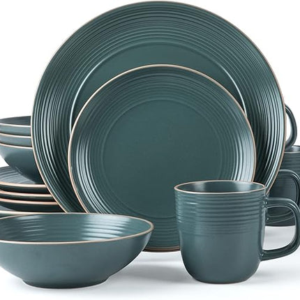 RINGAR Round Stoneware 16pc Dinnerware Set of 4, Dinner Plates, Side Plates, Cereal Bowls, Mugs - Speckle Matte Green (434540)