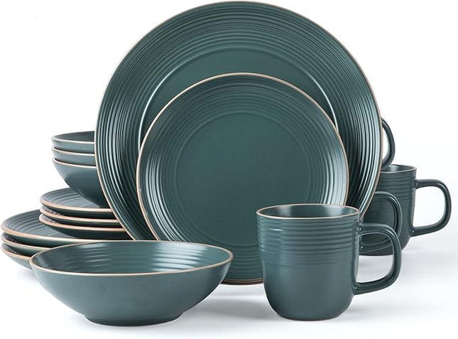 RINGAR Round Stoneware 16pc Dinnerware Set of 4, Dinner Plates, Side Plates, Cereal Bowls, Mugs - Speckle Matte Green (434540)