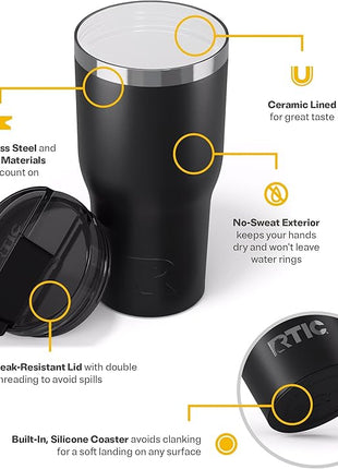 RTIC 30oz Essential Tumbler with Lid, Ceramic Lined, Insulated, Stainless Steel, Metal, Double Wall Vacuum-Insulation, Travel Cup for Iced Coffee, Tea, Hot and Cold Drink, Black