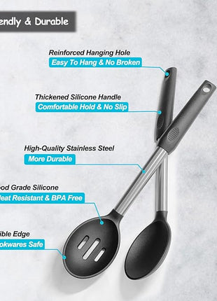 Pack of 2 Large Silicone Cooking Spoons,Non Stick Solid Basting Spoon,Heat-Resistant Kitchen Utensils for Mixing,Serving,Draining,Stirring (Black)