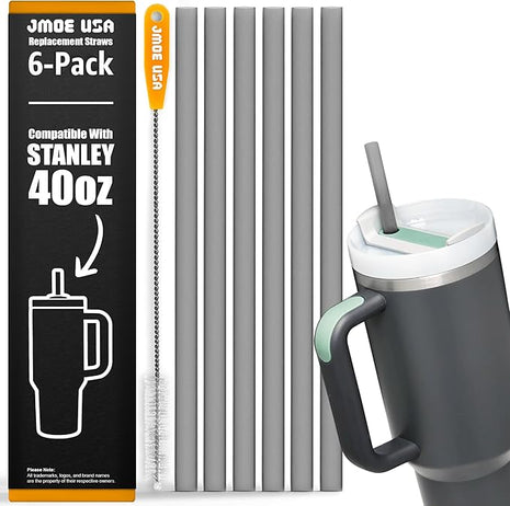 Jmoe USA 12" Replacement Straws for Stanley 40oz & 30oz Tumblers | Fits Reduce 50 oz & 40 oz Cold1 Tumblers | 6-Pack of Reusable Plastic Straws With Cleaning Brush | Food Grade & BPA Free (Black)