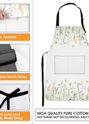 Britimes Floral Yellow Flowers Green Apron Home Kitchen Cooking Baking Gardening for Women Men with Pockets 32x28 inch