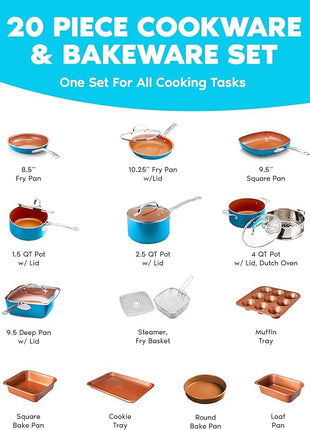 GOTHAM STEEL 20 Piece Copper Pots and Pans Set Nonstick Cookware Set + Complete Ceramic Bakeware Set for Kitchen with Long Lasting Non Stick, Dishwasher/Oven Safe, Non Toxic – Turquoise