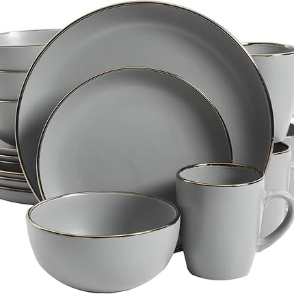Gibson Home Rockaway 16-Piece Round Stoneware Dinnerware Set, Service for 4 – Grey with Gold Rim Plates and Bowls, Microwave & Dishwasher Safe