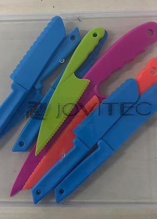 JOVITEC 8 Pcs Kid Cooking Kitchen Knife Set, Plastic Serrated Edges Children's Safe Chef Nylon Knives for Cutting Fruit Bread Cake Salad Lettuce Kids Cooking Supply(Blue Square Knife)
