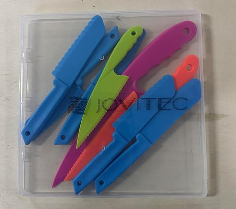 JOVITEC 8 Pcs Kid Cooking Kitchen Knife Set, Plastic Serrated Edges Children's Safe Chef Nylon Knives for Cutting Fruit Bread Cake Salad Lettuce Kids Cooking Supply(Blue Square Knife)