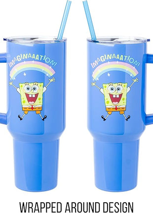 Silver Buffalo SpongeBob SquarePants “Imaginaaation!” Stainless Steel Tumbler with Handle, Fits in Standard Cup Holder, 40 Ounces