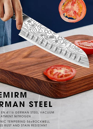 MOSFiATA Santoku Knife- 7 Inch Vegetable Knife Ultra Sharp Chopping Knife- Forged EN.4116 German Steel- Including Sheath,Finger Guard,Knife Sharpener,Full Tang,Best Gifts with Handmade Gift Box