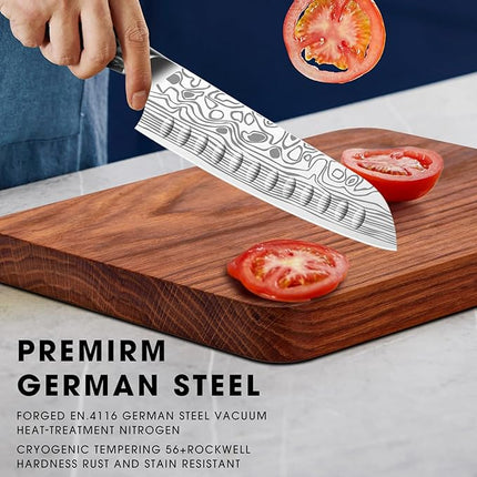 MOSFiATA Santoku Knife- 7 Inch Vegetable Knife Ultra Sharp Chopping Knife- Forged EN.4116 German Steel- Including Sheath,Finger Guard,Knife Sharpener,Full Tang,Best Gifts with Handmade Gift Box