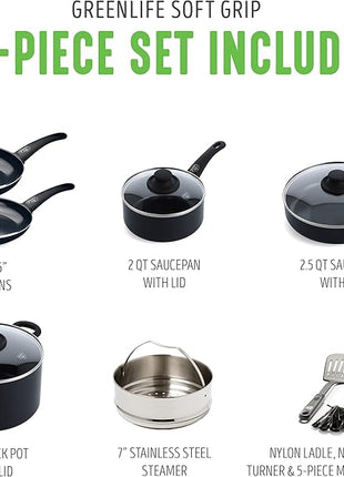 GreenLife Soft Grip Healthy Ceramic Nonstick 12 Piece Kitchen Cookware Pots and Frying Sauce Saute Pans Set, PFAS-Free with Kitchen Utensils and Lid, Dishwasher Safe, Black