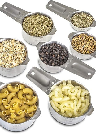 Set of 7 Heavy Duty Measuring Cups, 18/8 Stainless Steel with Ring Connector, Silver