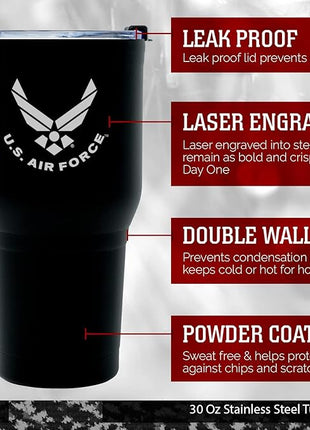 Military Gift Shop 30 oz Air Force Coffee Travel Mug | Double Wall Vacuum Insulated Coffee Tumbler | Stainless Steel Coffee Mug With Lid & Straw | Air Force 30oz Tumbler