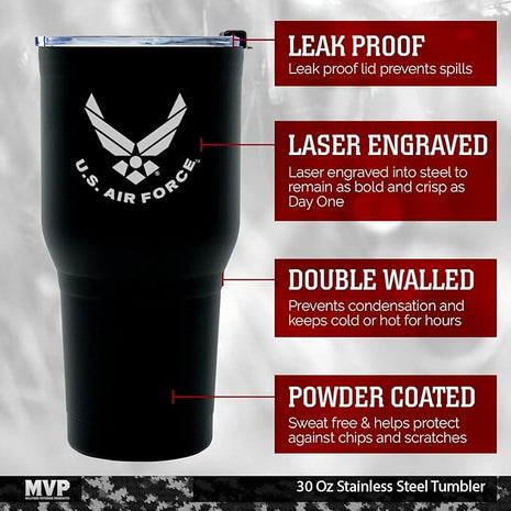 Military Gift Shop 30 oz Air Force Coffee Travel Mug | Double Wall Vacuum Insulated Coffee Tumbler | Stainless Steel Coffee Mug With Lid & Straw | Air Force 30oz Tumbler
