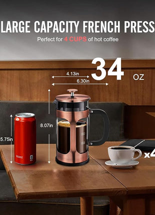 BAYKA 34oz 1 Liter French Press Coffee Maker,Mothers Day Gifts for Mom,Coffee Lover Gift,Heat Resistant Thickened Borosilicate Glass Stainless Steel Brewer,Cold Brew Cafetera Teapot for Kitchen,Copper