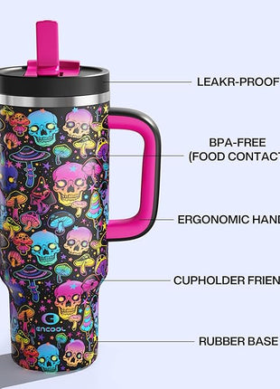 ENCOOL 40 oz Tumbler with Handle and Straw: Stainless Steel Insulated Tumbler Keeps Cold for 24 Hours, Leakproof Travel Cup Fits in Cup Holder and BPA-Free, Trippy Skulls