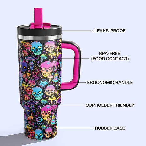 ENCOOL 40 oz Tumbler with Handle and Straw: Stainless Steel Insulated Tumbler Keeps Cold for 24 Hours, Leakproof Travel Cup Fits in Cup Holder and BPA-Free, Trippy Skulls
