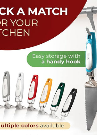 Orblue Pie Server, Essential Kitchen Tool, Serrated on Both Sides, Great for Right or Left Handed Chef, Stainless Steel Flatware, Cake Cutter, Blue