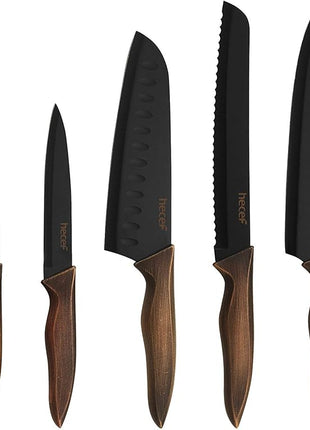 hecef Vintage Kitchen Knife Set, Stainless Steel Non-stick Black Coated Knives with Extra Sheaths, Includes Chef, Bread, Santoku, Utility and Paring Knife