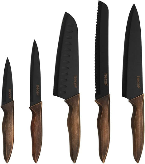 hecef Vintage Kitchen Knife Set, Stainless Steel Non-stick Black Coated Knives with Extra Sheaths, Includes Chef, Bread, Santoku, Utility and Paring Knife