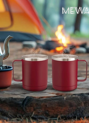 MEWAY 12oz Coffee Mug With Handle 2 Pack Bulk,Stainless Steel Insulated Travel Tumblers With Sliding Lid,Double Wall Vacuum Camping Cup for Hot & Cold Drinks Tea (Red,Set of 2)
