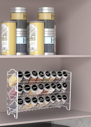 SWOMMOLY Spice Rack Organizer with 24 Empty Glass Spice Jars, 396 Spice Labels with Chalk Marker and Funnel Complete Set, for Countertop, Cabinet or Wall Mount, Silver
