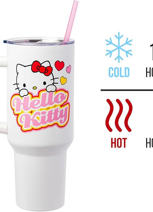 Silver Buffalo Sanrio Hello Kitty Name and Hearts Stainless Steel Tumbler with Handle and Straw, Fits in Standard Cup Holder, 40 Ounces