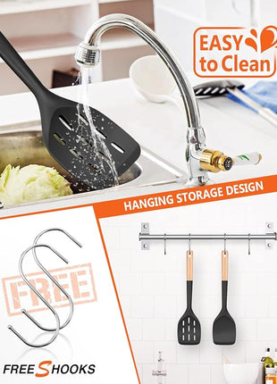 Pack of 2 Silicone Spatula, Non Stick Cooking Utensil Set Wooden Handle Kitchen Turner for Baking Mixing Grilling Serving Food Heat Resistant Non Scratch Hooks Included (Black)