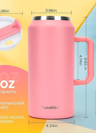 TaroKitc 64 oz Tumbler with Handle and Straw, Double Wall Stainless Steel Insulated Tumbler Mug, Large Coffee Travel Water Bottle, Keeps Cold for 34 Hours - Cream