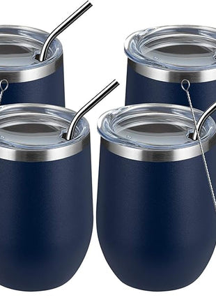 MEWAY 12oz/4 Pack Wine Tumbler Glasses with Lid - Stemless Double Wall Vacuum Stainless Steel Travel Tumbler - Keeping Cold & Hot for Wine,Coffee,Cocktails,Drinks-Family and Gifts (Navy,Set of 4)