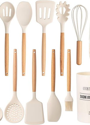 Country Kitchen Non Stick Silicone Utensil Set with Rounded Wood Handles for Cooking and Baking, 14 Piece Set, Khaki