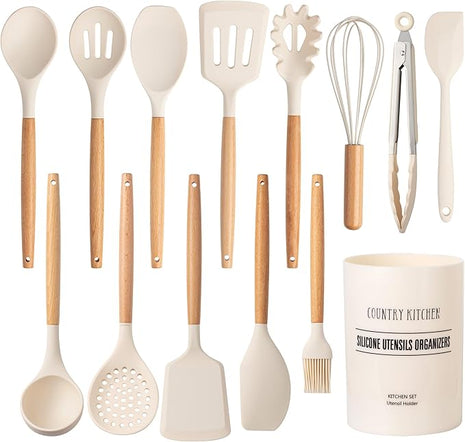 Country Kitchen Non Stick Silicone Utensil Set with Rounded Wood Handles for Cooking and Baking, 14 Piece Set, Khaki