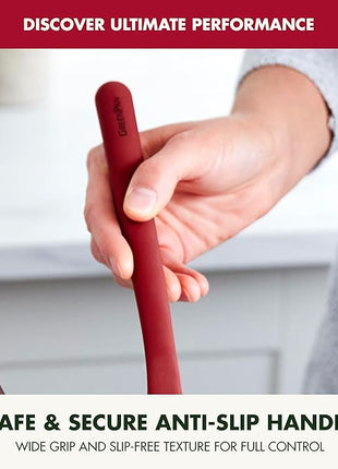 GreenPan Silicone Solid Turner Spatula, Flipping Cooking Kitchen Utensil, Flexible Rubber Nonstick Cookware, Rigid Steel Core, Heat-Resistant, Anti-Slip Handle, BPA-Free, Dishwasher Safe, Red