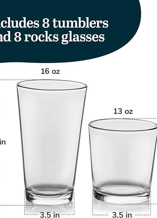 Libbey Flare Tumbler and Rocks Glasses Set, Stylish Lead-Free Drinking Glasses Set of 16, Versatile Dishwasher Safe Kitchen Glassware Set for Parties