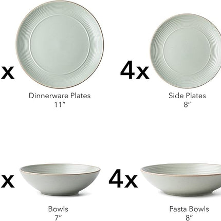 RINGAR Round Stoneware 16pc Double Bowl Dinnerware Set for 4, Dinner Plates, Side Plates, Cereal Bowls, Pasta Bowls - Speckle Matte White (405878)