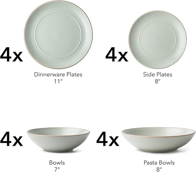 RINGAR Round Stoneware 16pc Double Bowl Dinnerware Set for 4, Dinner Plates, Side Plates, Cereal Bowls, Pasta Bowls - Speckle Matte White (405878)