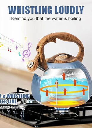 Stainless Steel Tea Kettle Blue, Teapot 3.2 Quart Whistling Tea Kettle, Tea Pots for Stove Top with Wood Pattern Handle, Gas Electric Applicable