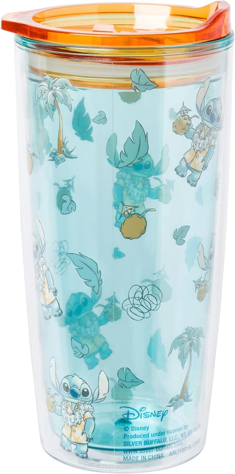 Silver Buffalo Disney Lilo and Stitch Hawaiian Shirt and Coconuts Pattern Double Wall Travel Tumbler with Slide Close Lid, 20 Ounces