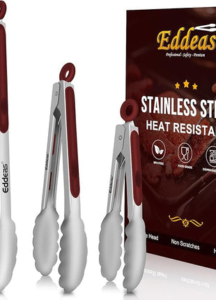 Tongs For Cooking - 7",9" and 12 inch Kitchen Tong Heat Resistant 600 Degrees Stainless Steel Tongs, Heavy Duty Metal Locking Tong, Perfect for Food, BBQ Red Set of 3