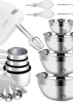 Hand Mixer Electric Mixing Bowls Set, 5 Speeds Handheld Mixer with 4 Nesting Stainless Steel Mixing Bowl, Measuring Cups Spoons 200W Kitchen Blender Whisk Beater Baking Supplies For Beginner