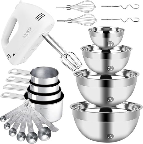 Hand Mixer Electric Mixing Bowls Set, 5 Speeds Handheld Mixer with 4 Nesting Stainless Steel Mixing Bowl, Measuring Cups Spoons 200W Kitchen Blender Whisk Beater Baking Supplies For Beginner