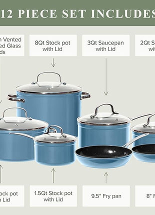 Nuwave Healthy Duralon Blue Ceramic Nonstick Cookware Set, Diamond Infused Scratch-Resistant, PFAS Free, Dishwasher & Oven Safe, Induction Ready & Evenly Heats, Tempered Glass Lids & Stay-Cool Handles