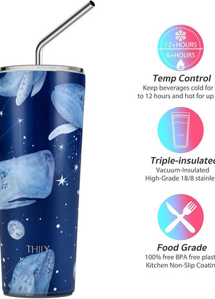THILY Stainless Steel Vacuum Insulated Tumbler 26 oz Triple-Insulated Travel Mug with Splash-Proof Lid, Reusable, for Iced Water and Hot Beverage, Fantasy Whale