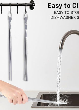 HOTEC Kitchen Tweezers Tongs Stainless Steel Professional Chef Tweezers, Set of 2-12inch Extra-Long Food Tongs for Cooking,Grill and Baking