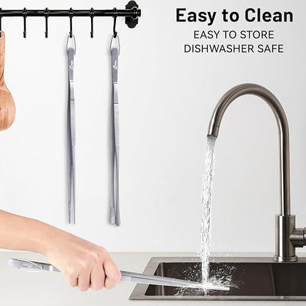 HOTEC Kitchen Tweezers Tongs Stainless Steel Professional Chef Tweezers, Set of 2-12inch Extra-Long Food Tongs for Cooking,Grill and Baking