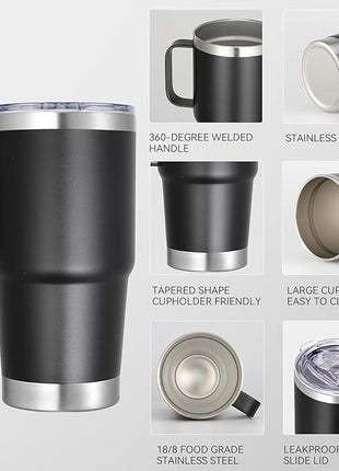 20 oz Stainless Steel Tumbler with Handle Metal Insulated Coffee Travel Mug with Handle Double Wall Tumbler Cup with Lid and Straw, 12 packs(1, NEW Black)