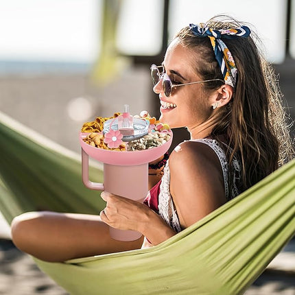 Snack Bowl for Stanley Cup 30 oz with Handle-Perfectly Compatible with Stanley Quencher H2.0 Tumbler 30 oz with Handle, Reusable Silicone Snack Tray, Stanley cup accessories-christmas gifts (Pink ）