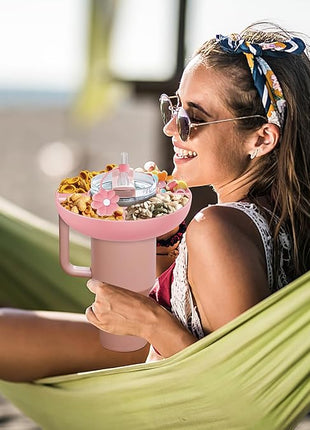 Snack Bowl for Stanley Cup 40 oz with Handle-Perfectly Compatible with Stanley Quencher H2.0 Tumbler 40 oz with Handle, Reusable Silicone Snack Tray, Stanley cup accessories (Pink Snack Bowl)