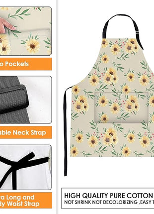 Britimes Sunflower Flower Summer Vintage Spring Apron Home Kitchen Cooking Baking Gardening for Women Men with Pockets 32x28 inch